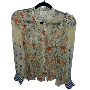 EUC Hemant and Nandita Floral Long Sleeve Blouse Medium Ruffle Lightweight
